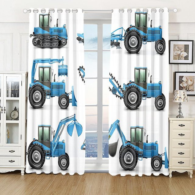 Yiran Furniture Kinder Vorhänge mit Cartoon Auto Lkw Bagger Motiv, 2er Set, Blau, B: 50 cm, H: 130 cm - Bild 1