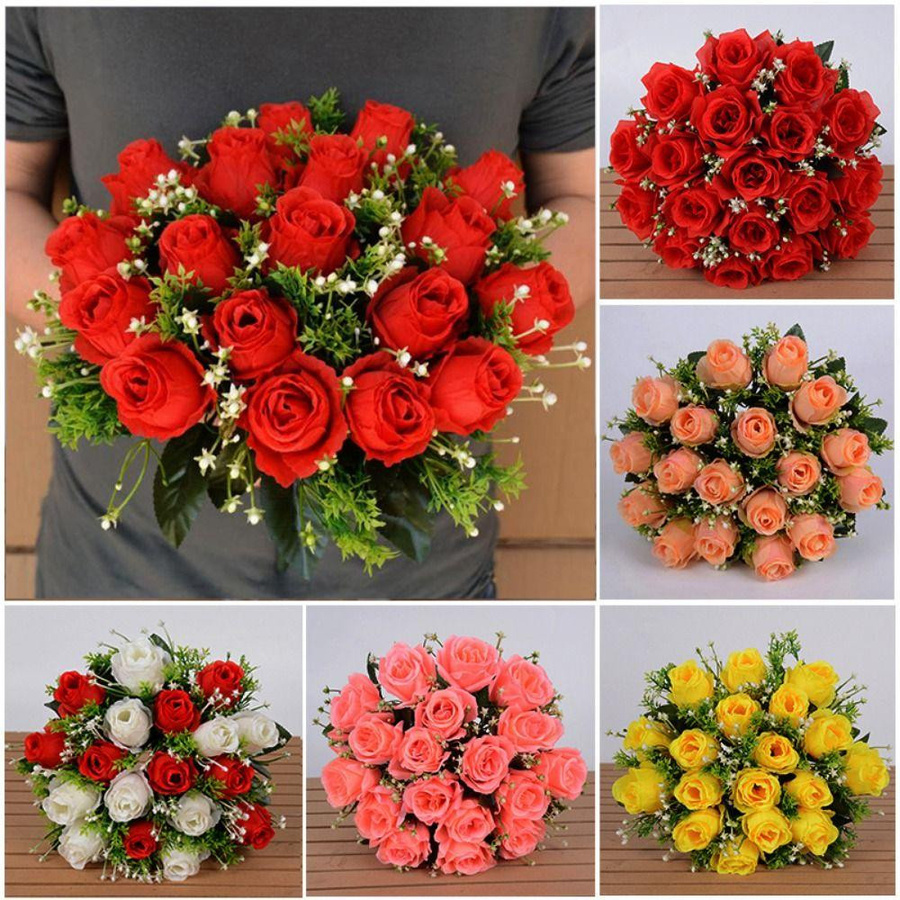 GZjingjia Künstliche Rosen mit 18 Blütenköpfen in Orange und Rot zur Dekoration für Valentinstag, Hochzeiten und Muttertag - Bild 2