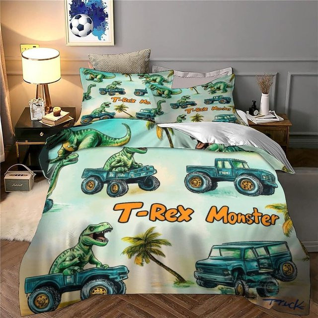 Flylo Bettwäsche-Set Dinosaurier Monster Truck mit Kissenbezügen, 3D Cartoon Design, Mehrfarbig, B/H: 135 x 100 cm - Bild 1