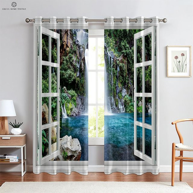 Yiran Furniture 3D-Druck Vorhänge mit Küstenlandschaft und blauem Himmel, 2er-Set, Blau, B: 50 cm, H: 130 cm - Bild 1