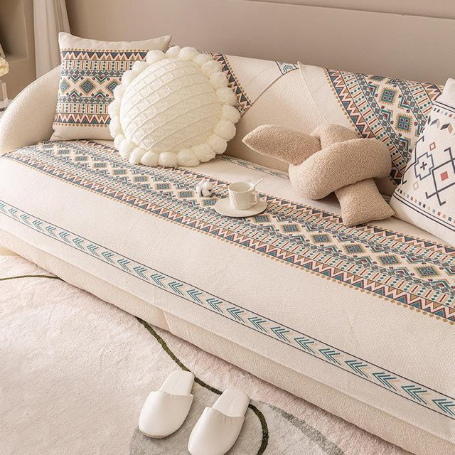 Super Six Sofakissen Überzug aus Baumwolle und Leinen in Beige, Nordisches Design, rutschfest, B: 105 cm, L: 180 cm - Bild 1