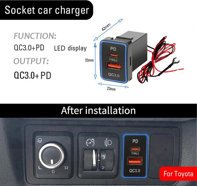 kebidumei USB-C Schnellladegerät Adapter für Toyota Fahrzeuge, Wasserdicht, Schwarz, 23 x 32 mm - Bild 1
