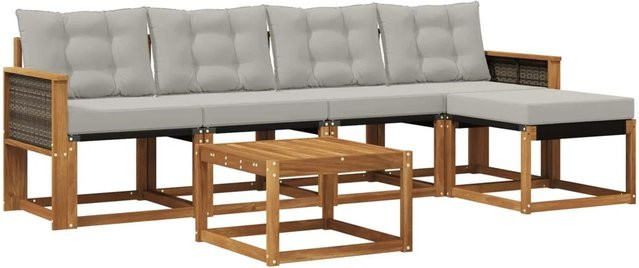 vidaXL Outdoor-Sofagarnitur aus massivem Akazienholz mit 6 Textilene-Kissen in Natur und Hellgrau - Bild 1