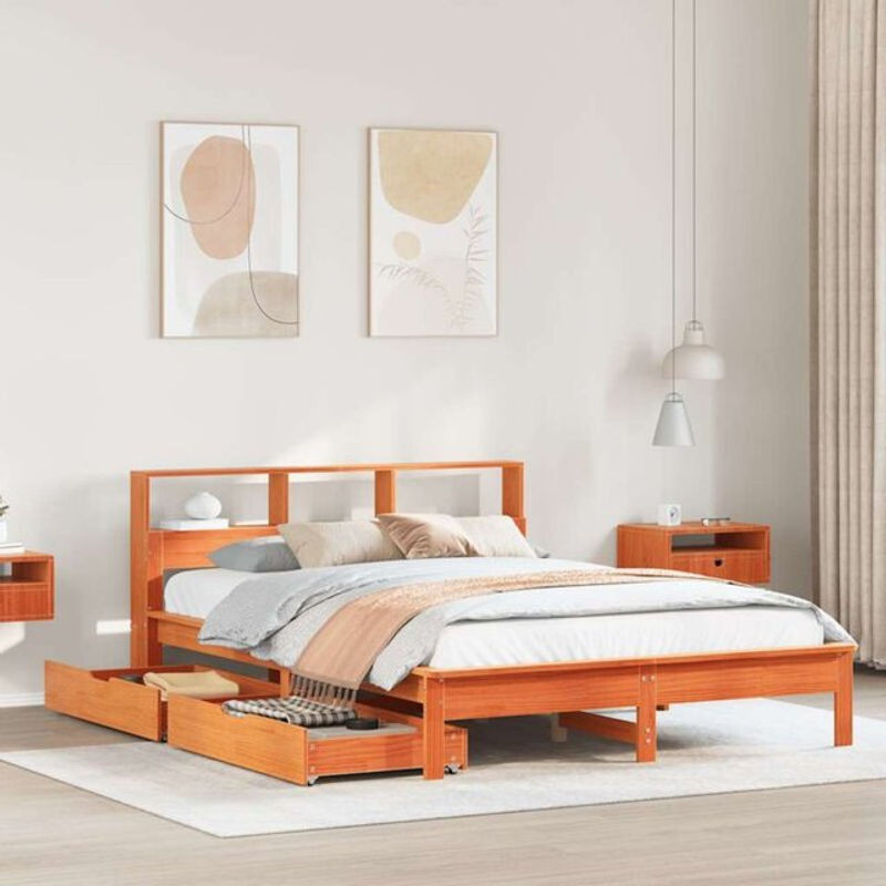 Massivholzbett aus Kiefer mit Regal in Braun von vidaxl, B/T/H: 120 x 200 cm - Bild 1