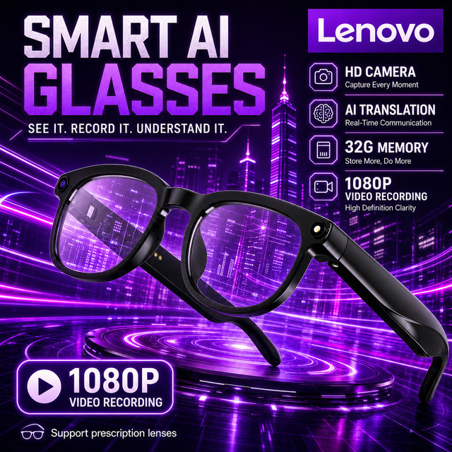 Lenovo Smart Glasses in Schwarz mit 1080P HD Video Kamera, Bluetooth, ChatGPT Sprachübersetzung und Musikfunktion - Bild 1