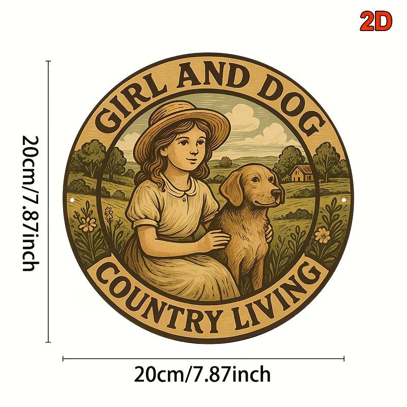 Potdemiel Aluminiumschild Rund mit Landhaus-Szene Mädchen und Labrador-Hund im Vintage Bauernhaus-Stil Durchmesser: 20,32 cm - Bild 2