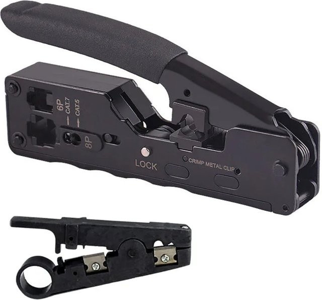 AMPCOM EZ-Type RJ45 Netzwerk-Crimper AM-718 in Schwarz für LAN CAT8/7/6A/6/5E STP/UTP und RJ11/12 TEL Modularkabel mit Crimp- und Cut-Funktion - Bild 1
