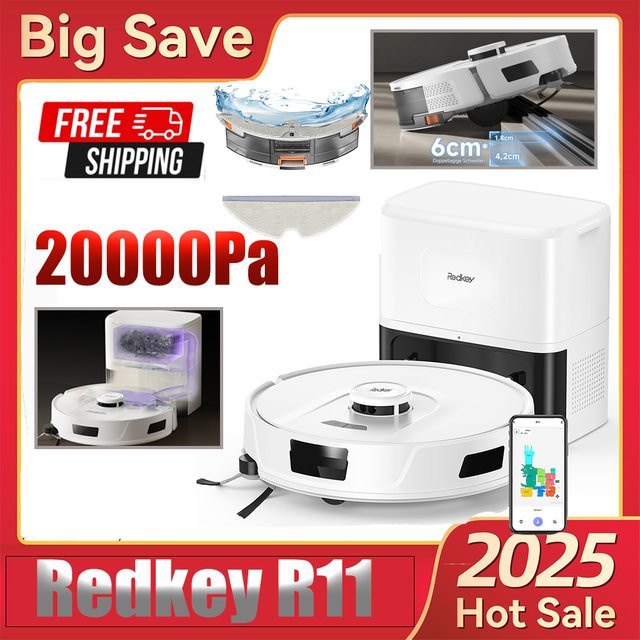 Redkey R11 3-in-1 Saugroboter und Wischroboter mit LiDAR-Laser-Navigation, selbstentleerender Station, 20.000 Pa Saugkraft, Farbe: Weiß - Bild 1