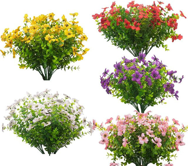 Künstliche Blumenmischung aus Seide und Kunststoff mit Kirschblüten, Gänseblümchen und Eukalyptus in Rot für deine Dekoration bei Hochzeiten, Partys oder im Hausgarten - Bild 1