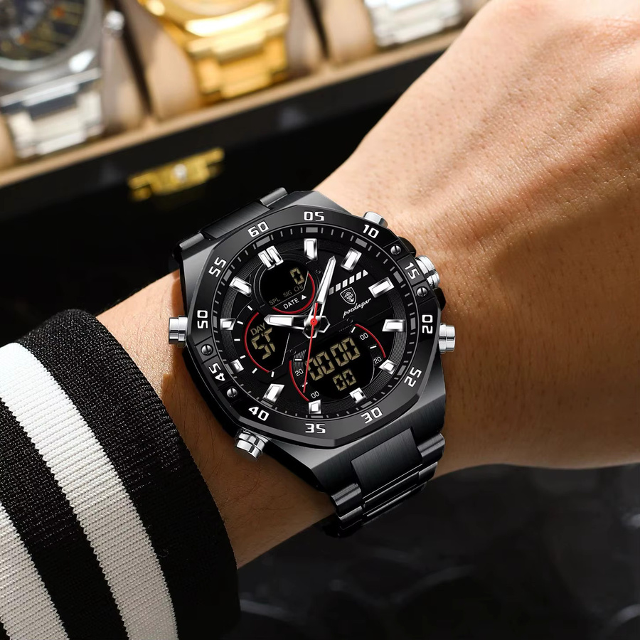 POEDAGAR Digitaluhr, Quarz, Edelstahl, Gold Schwarz, Herren - Bild 5