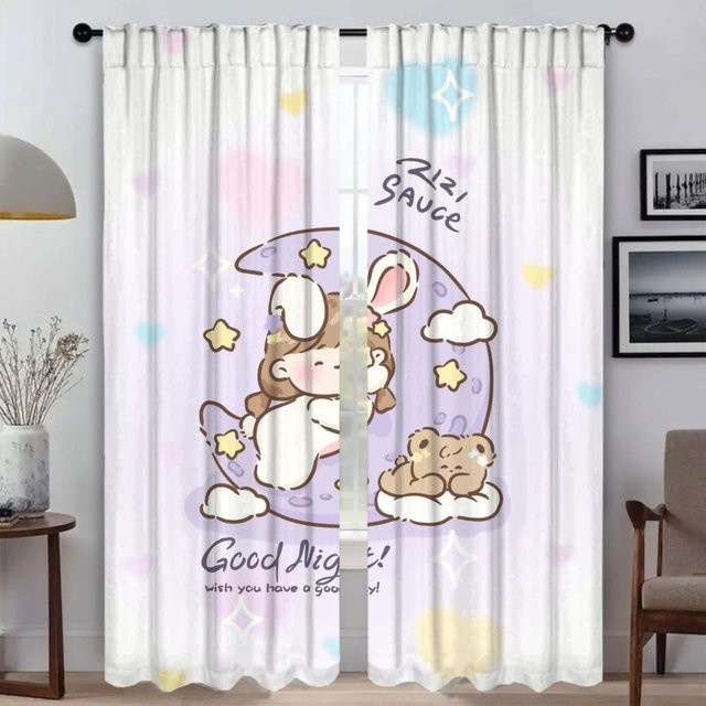 Modernes Tüll-Fenstervorhang Set mit niedlichem Mädchen-Motiv in Weiß, 2 Paneele, Breite: 50 cm, Höhe: 70 cm - Bild 1