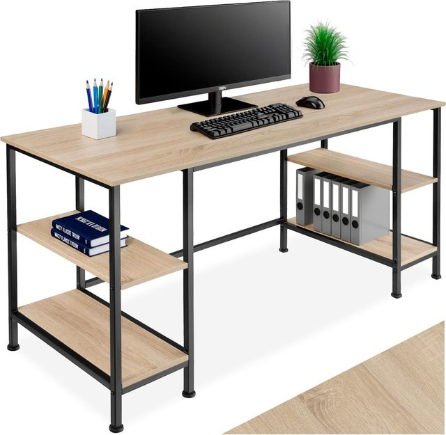 tectake Computer-Schreibtisch im Industrial Style aus Holz und Stahl mit Seitenregalen, Farbe Beige/Braun, B/T/H: 137 x 55 x 75 cm - Bild 1