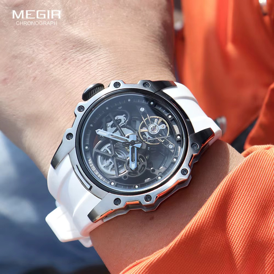 MEGIR Armbanduhr Automatik, Edelstahl, Silikonarmband, Weiß, Herren - Bild 4