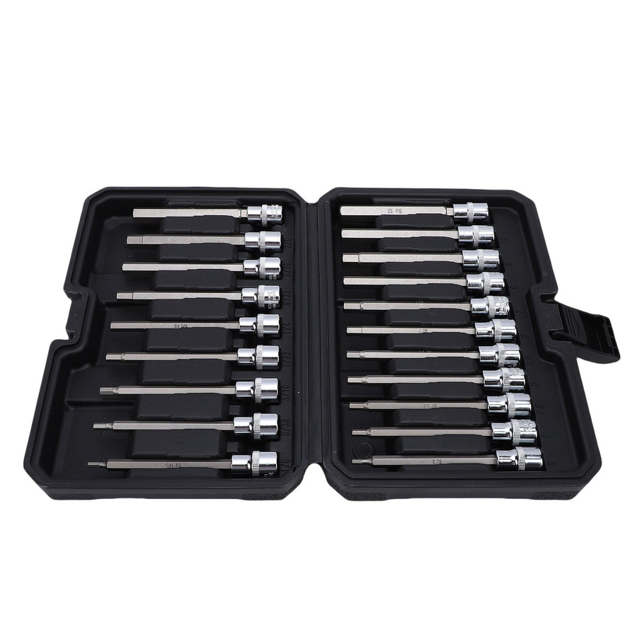 Aimo 20-teiliges extra langes Sechskant-Steckschlüssel-Set aus gehärtetem Edelstahl, 3/8 Zoll Antrieb, metrisch 3-12 mm und SAE 1/8-7/16 Zoll, Farbe Silber - Bild 2