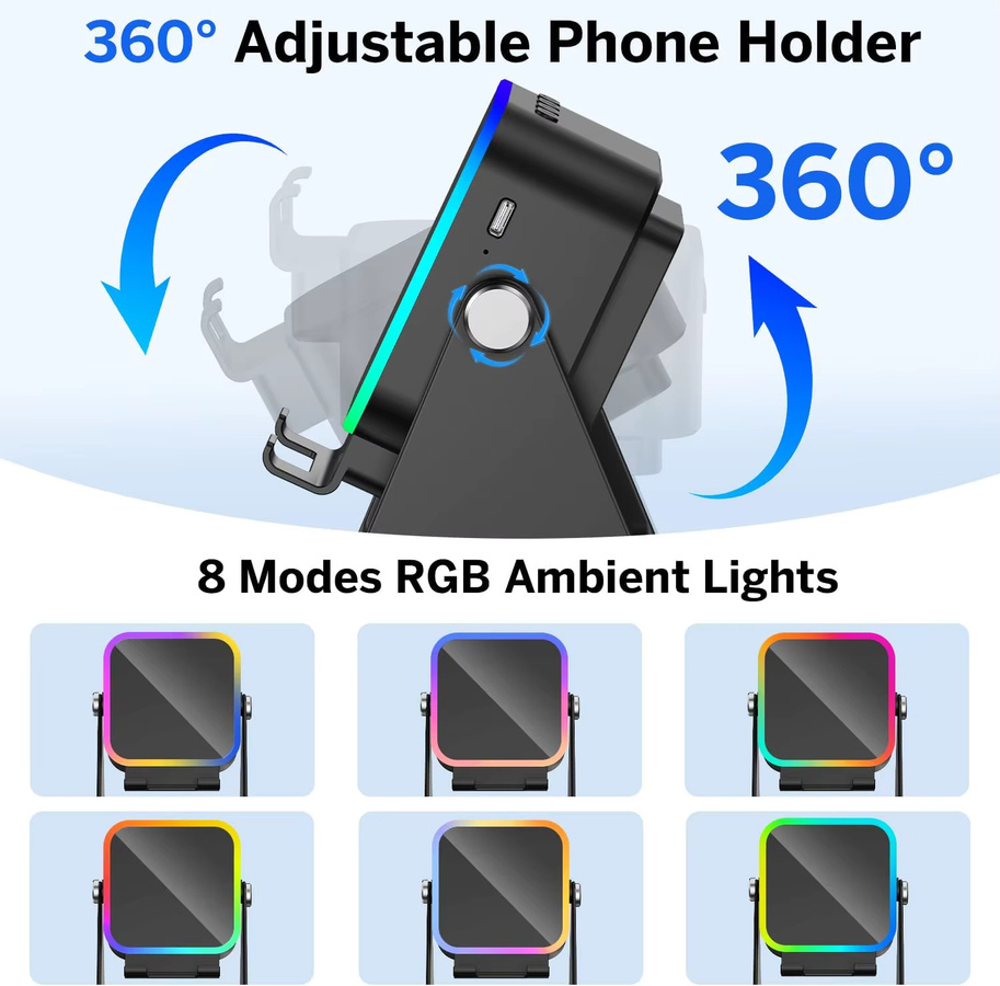 VIKEFON 5-in-1 Bluetooth Lautsprecher mit kabelloser Induktion, RGB-Lichter und Telefonhalter, HIFI-Sound, Schwarz oder Weiß - Bild 4