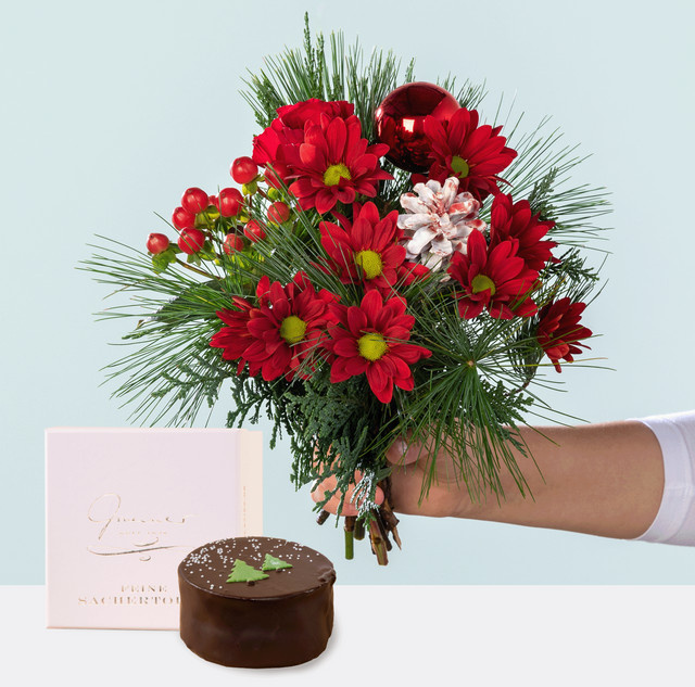BLUME2000 Bouquet Chrysanthemen Johanniskraut Rosen red green Winter Weihnachten - Bild 1