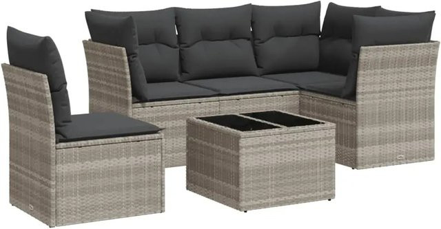 vidaXL 6-teilige Garten-Sofagarnitur in L-Form aus Polyrattan mit Kissen in Hellgrau - Bild 1