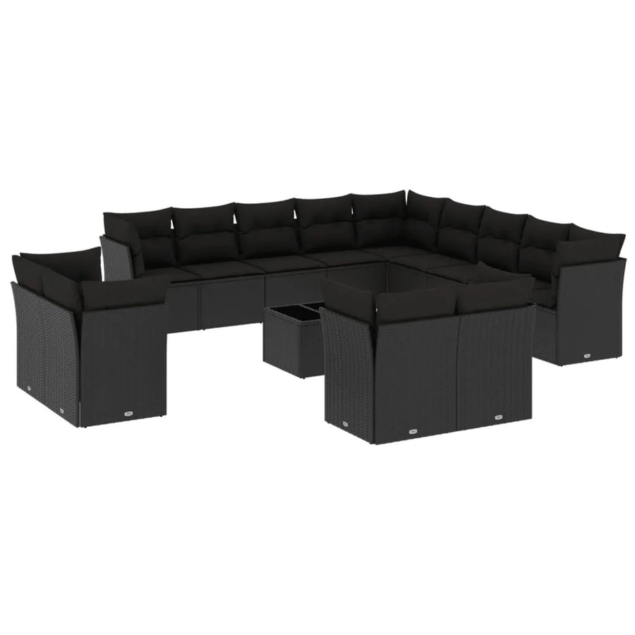 vidaXL 14-tlg. Garten-Sofagarnitur in U-Form aus Polyrattan mit Kissen und Tisch, Schwarz - Bild 2
