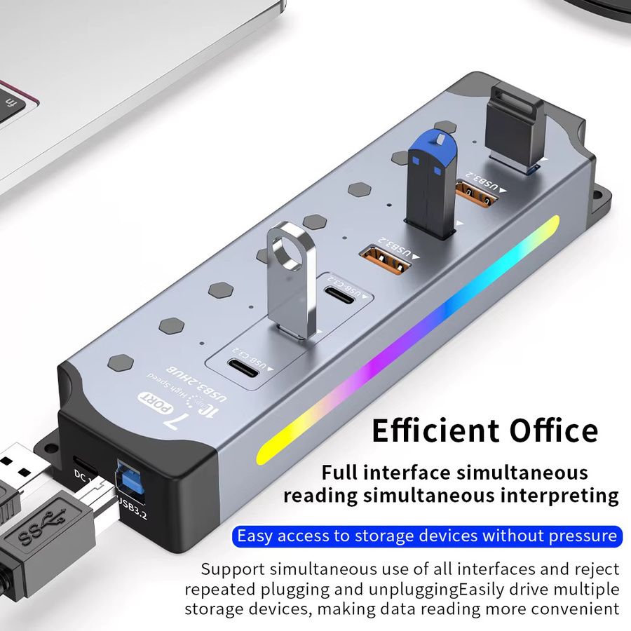 MOSHOU 7-Port USB 3.2 Hub mit USB-A und USB-C Ports, 10 Gbit/s Datenübertragung, Einzel-Schalter, Grau - Bild 4