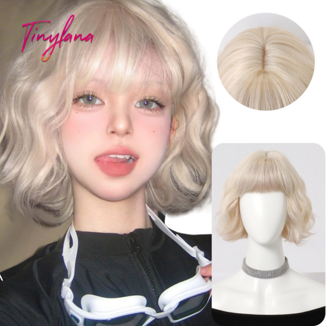 TINY LANA Synthetik-Perücke, platinblond, kurzer gewellter Bob mit Pony, Damen - Bild 1
