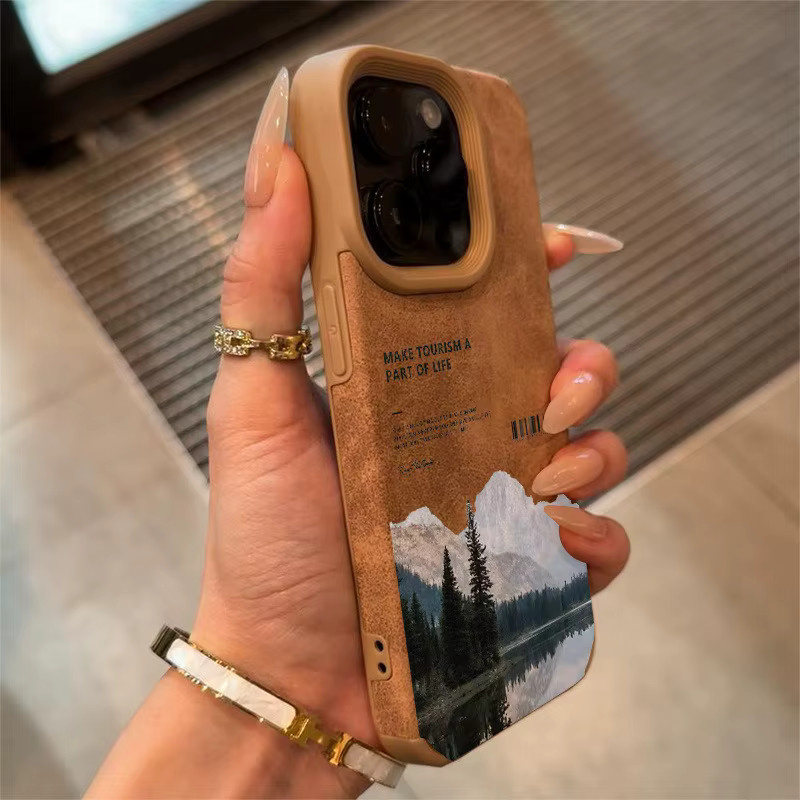 Hochwertige Kunstleder-Handyhülle mit Landschaftsmuster in Braun für iPhone 17 16 Pro Max 15 14 Plus 13 12 11, stoßdämpfend und rutschfest - Bild 2