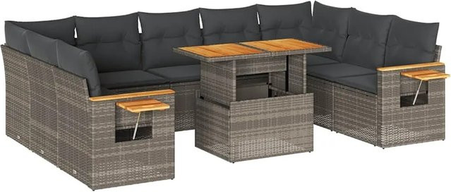 vidaXL 10-teilige Garten-Sofagarnitur in Grau aus Poly-Rattan und Akazienholz mit Sitzkissen und Stauraum - Bild 1