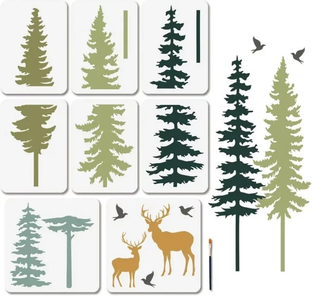 8 Stück wiederverwendbare Waldtier-Schablonen zum Malen mit Kiefernbaum, Hirsch und Vögeln, B/B/H: 30 x 30 cm - Bild 1
