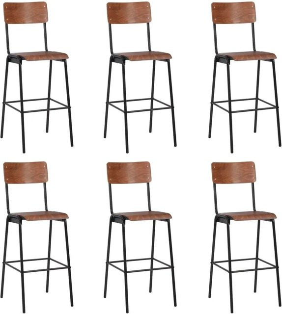 6er Set vidaXL Barhocker aus massivem Sperrholz und pulverbeschichtetem Stahl in Schwarz und Braun, Höhe: 76 cm, Breite: 41,5 cm, Tiefe: 34 cm - Bild 1