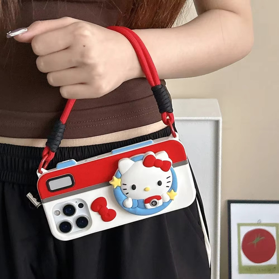 Sanrio Hello Kitty Handyhülle mit Kamera-Lanyard aus weichem Silikon für iPhone 16, 15, 14, 13 Pro Max, 3D-Design, Mehrfarbig - Bild 2