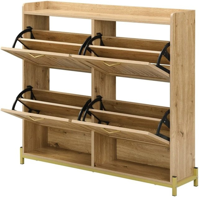 PXloue Schuhschrank in Holzoptik mit 4 Klappen für Flur und Schlafzimmer, Farbe: Braun, B/T/H: 108,5 x 24 x 100 cm - Bild 1
