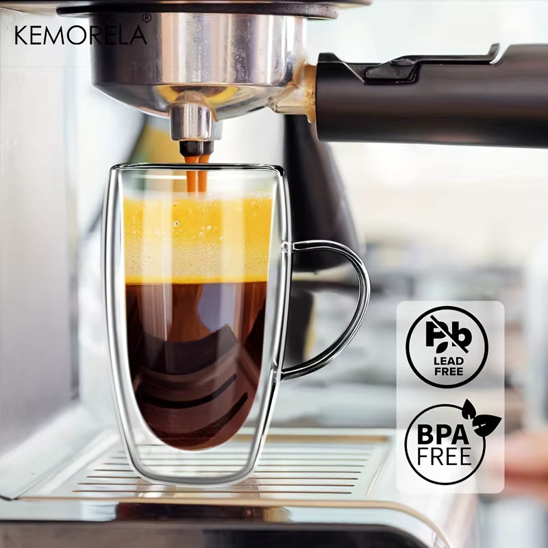 2er-Set KEMORELA Doppelwand-Gläser transparent mit Holzdeckel und Löffel, Kaffeebecher für Cappuccino und Espresso, 350 ml und 450 ml - Bild 3