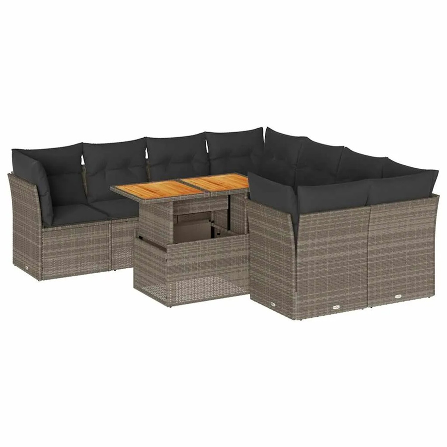 vidaXL 9-teilige Garten-Sofagarnitur aus Poly-Rattan und Akazienholz in Grau mit Kissen - Bild 2