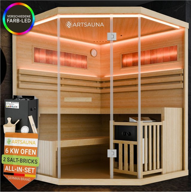 ARTSAUNA Vantaa Traditionelle Indoorsauna für 3 Personen aus Hemlock Holz mit 6 kW Saunaofen und RGB LED Beleuchtung - Bild 1