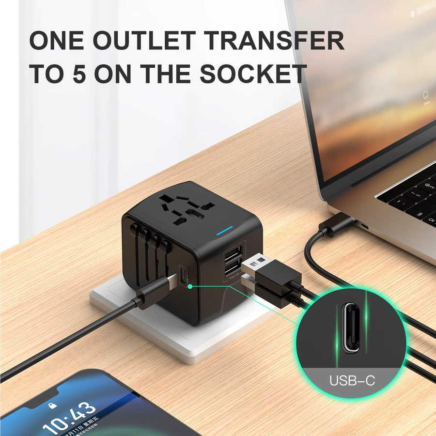 HKLAMIN Universeller Reiseadapter in Schwarz mit USB-C und USB-A Anschlüssen für Europa, Großbritannien, USA, Kanada und Australien - Bild 3