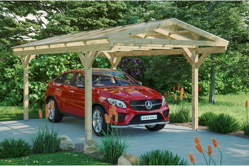 Skan Holz Carport Westerwald Satteldach aus Fichte Leimholz mit Doppelstegplatten aus Polycarbonat, Farbe: beige, B: 362 cm, T: 648 cm, H: 281 cm - Bild 3
