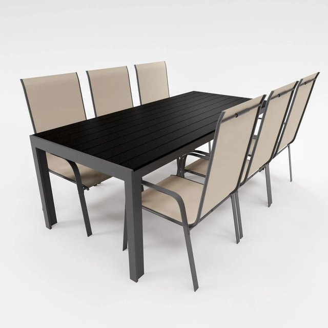 Lex Gartenmöbel Set 7-teilig mit Aluminium Tisch und Stapelsesseln in Beige - Bild 1