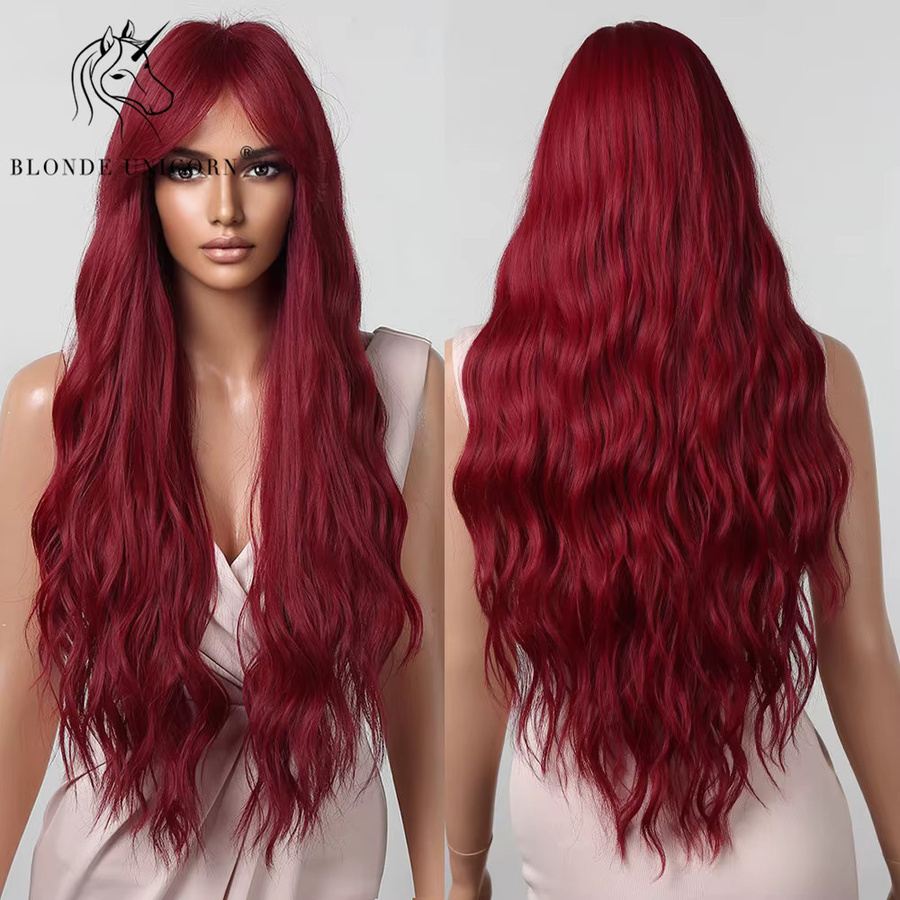 Blonde Unicorn Synthetische Perücke, Lange gewellte Perücke, Ombre Rot, Damen - Bild 3
