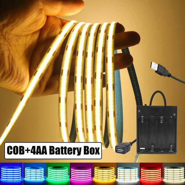 HEGEHE RGB COB LED-Streifen für TV-Hintergrundbeleuchtung mit USB-Anschluss und 4AA-Batteriehalterung, Multicolour, 320 LEDs/m - Bild 1