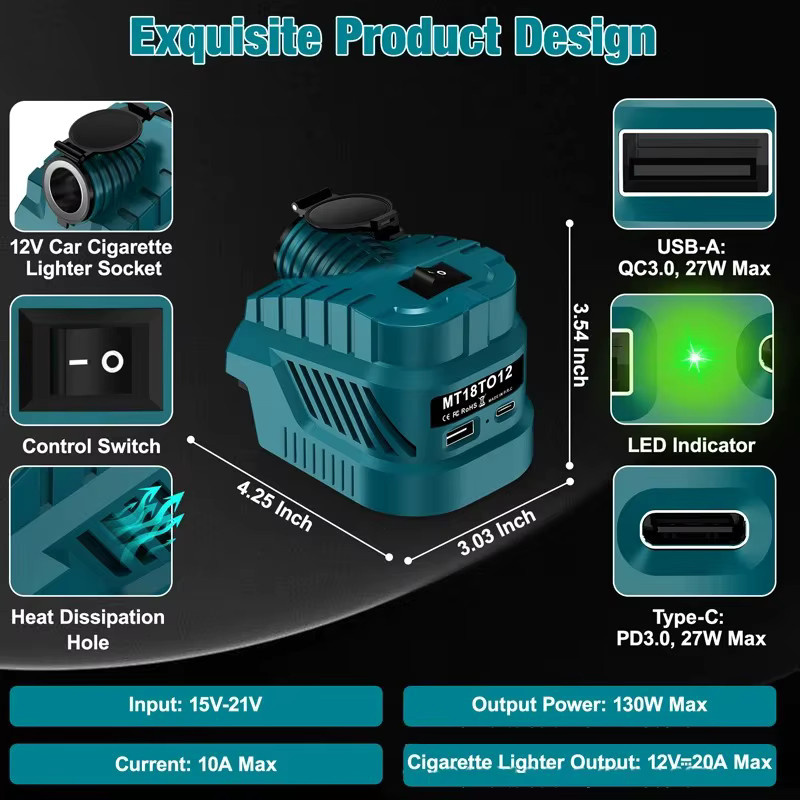 Makita Auto Fahrzeug Kühlschrank Netzteil mit 240W DC 12V Buck Konverter Regler für 18V Batterien in Blau - Bild 2