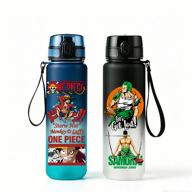 Bandai One Piece Luffy Zoro Wasserflasche, 650ml, Matt Farbverlauf, Pop-up-Deckel, Auslaufsicher - Bild 1