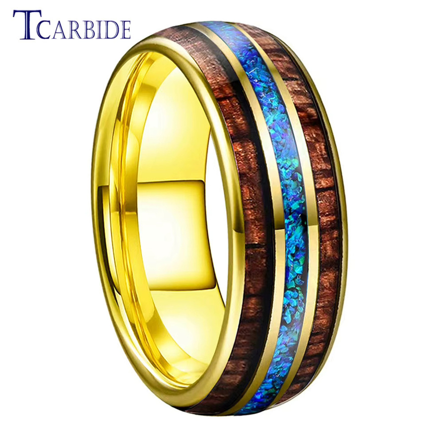 TCarbide Ring Wolfram, Gold, Opal, Holz Inlay, 8mm - Bild 3