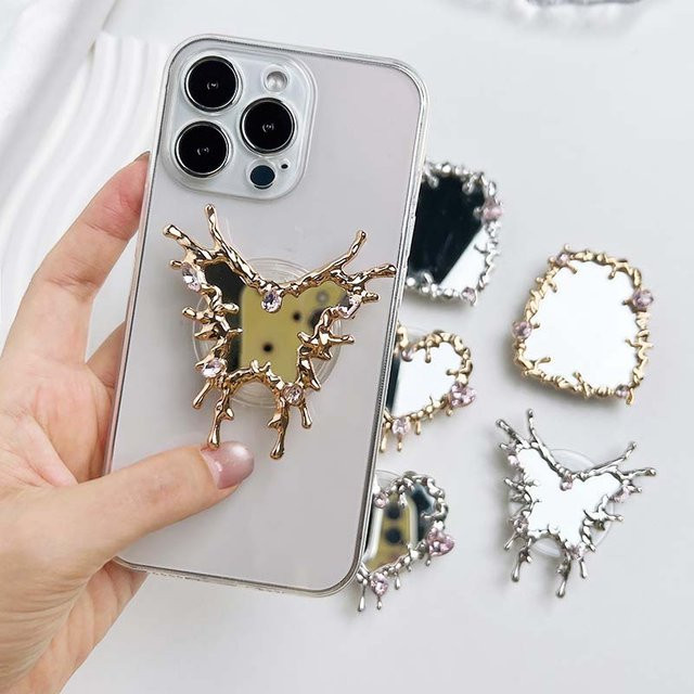Bobonda Kosmetikspiegel mit Herz- und Schmetterlingsform sowie Handy-Halterung aus Metall in Gold - Bild 1