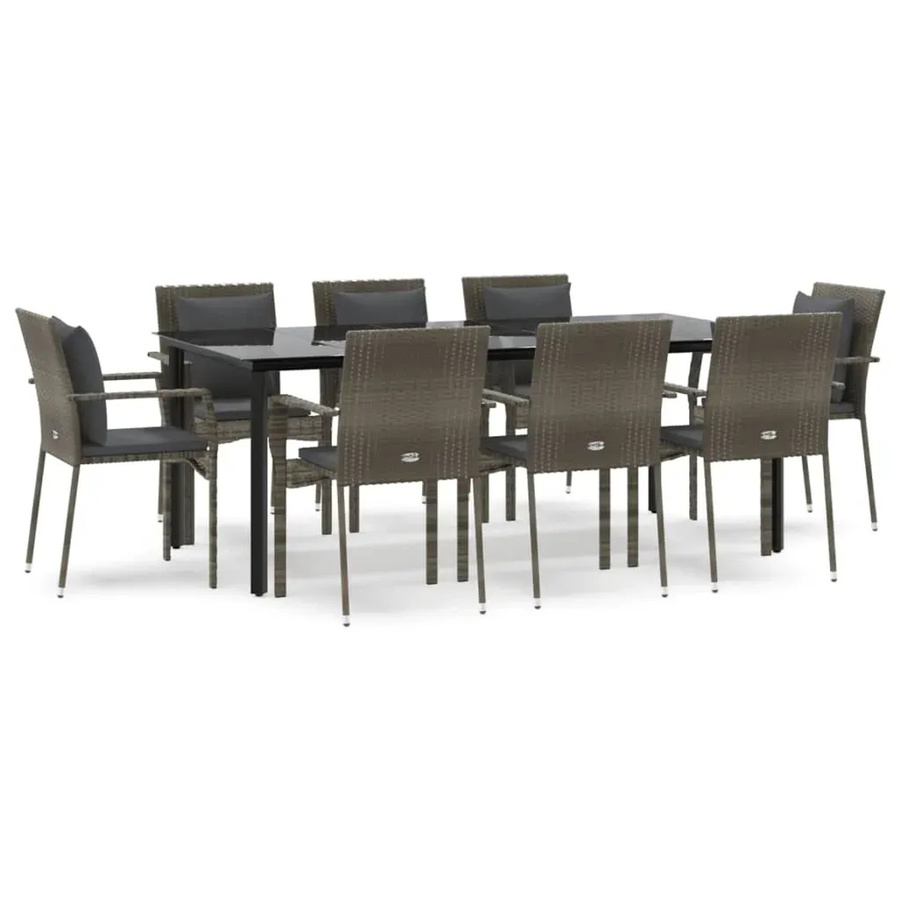 vidaXL 9-teilige Garten-Essgruppe aus Poly-Rattan in Schwarz und Grau mit Kissen und Tisch aus gehärtetem Glas - Bild 2