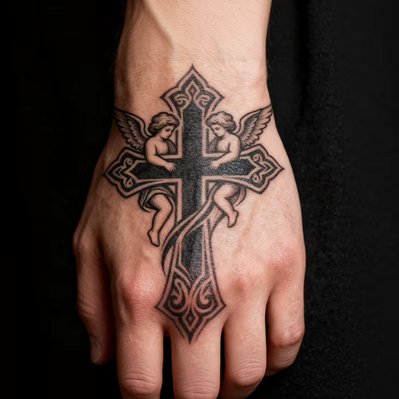 Kreuz & Engel Temporäres Tattoo, Kräuter-basiert, wasserfest - Bild 3