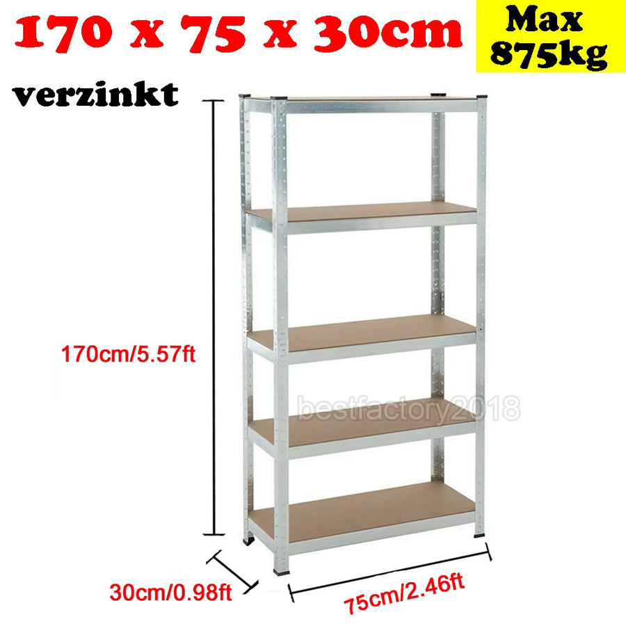 EMDTOOL Schwerlast-Metallregal verzinkt mit 5 MDF-Böden H x B x T: 170 x 75 x 30 cm - Bild 3