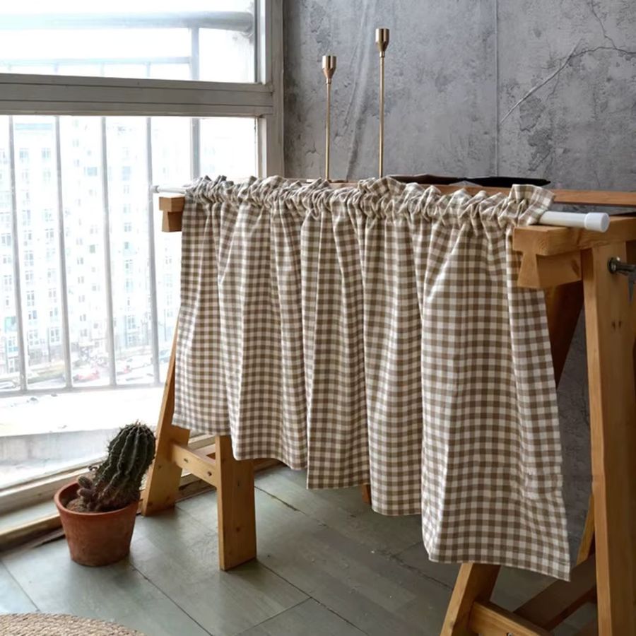 WPKIRA Kurzvorhang im japanischen minimalistischen Stil mit zweifarbigem Karomuster für die Küche und kleine Fenster im Café-Stil - Bild 2
