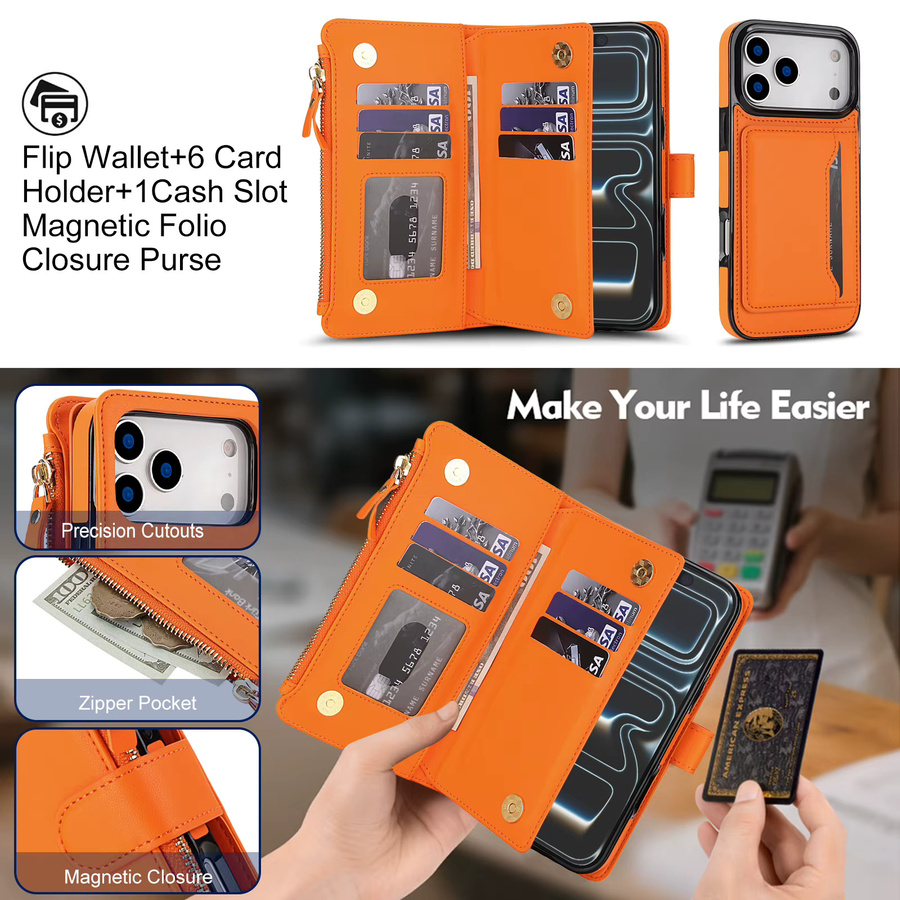 HQBBRO Crossbody Lederhülle für iPhone 11 bis 17 Pro Max mit Kartenfach und langer Umhängekordel, MagSafe-kompatibel, Weiß und Orange - Bild 3