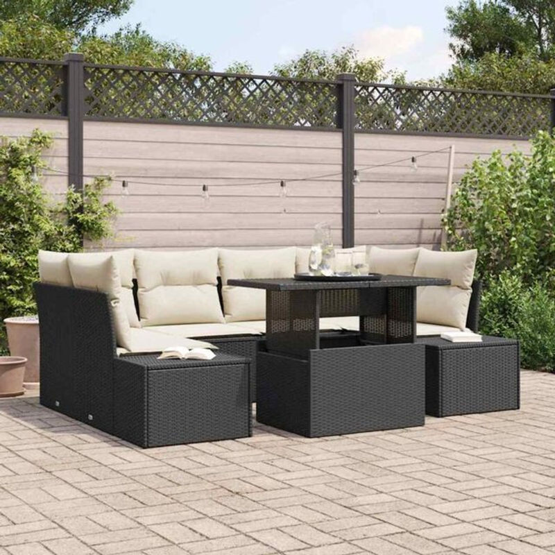 Vidaxl Garten-Sofa-Set aus 7 Teilen in Schwarz und Creme, modernes Polyrattan-Loungemöbel-Set mit Glas, B/T/H: 100 x 55 x 73 cm - Bild 1