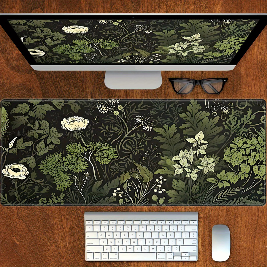 XGZ Botanisches Mauspad mit grünen Blumen und Pflanzen in Grün und Braun, große rutschfeste Schreibtischunterlage mit genähten Kanten für Büro und Gaming - Bild 2
