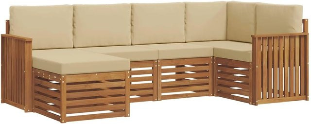 vidaXL Sofagarnitur 6-teilig L-Form aus Massivholz Akazie in Natur und Beige mit Polsterung und Kissen - Bild 1